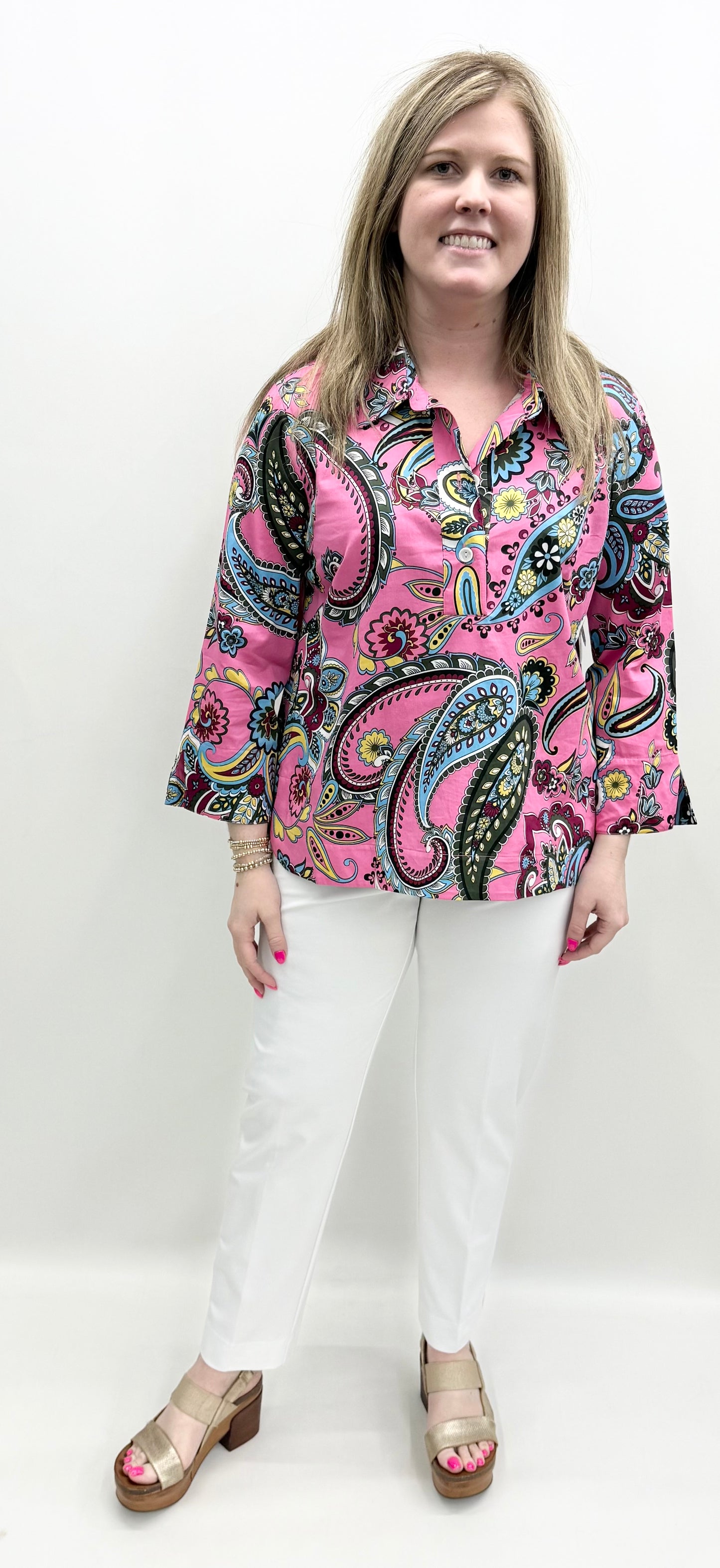 Ali Miles #A16207TM Woven Tunic, Point Collar, 3/4 Sleeve