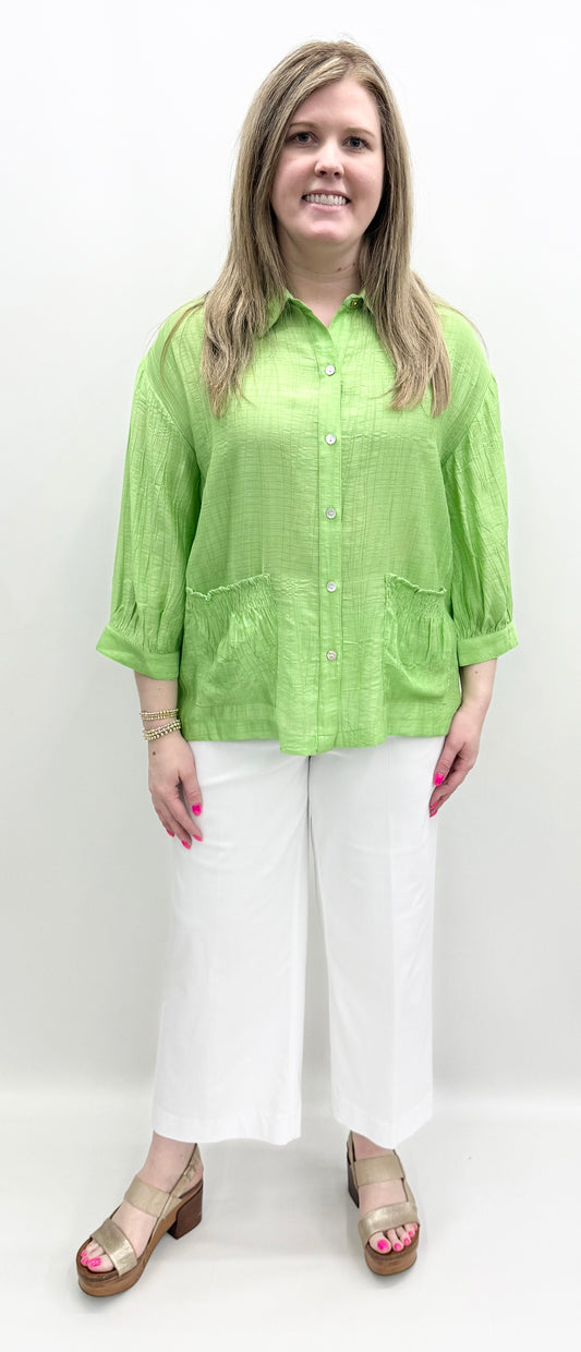 A'la Carte #L16208JM Button Front Shirt Jacket With Smocked Pockets