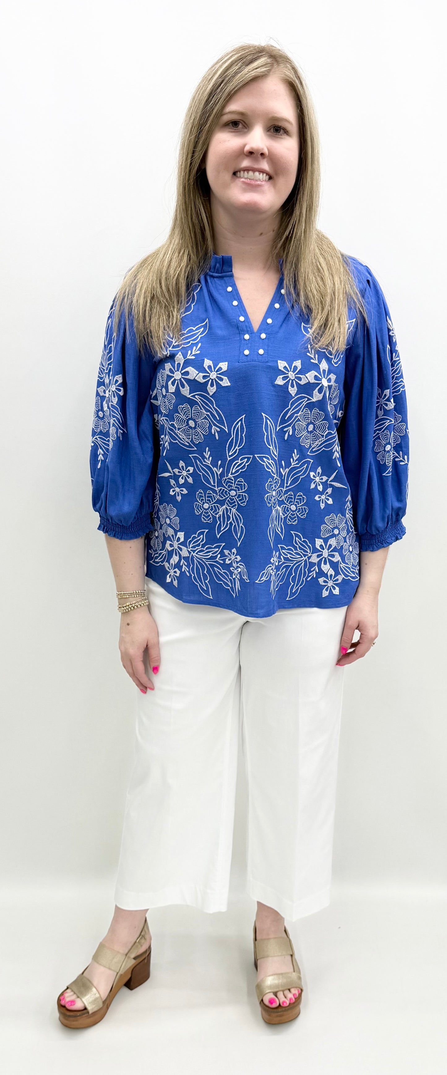 A'la Carte #L16213BM Blue Embroidered Popover Top with Ruffle Collar