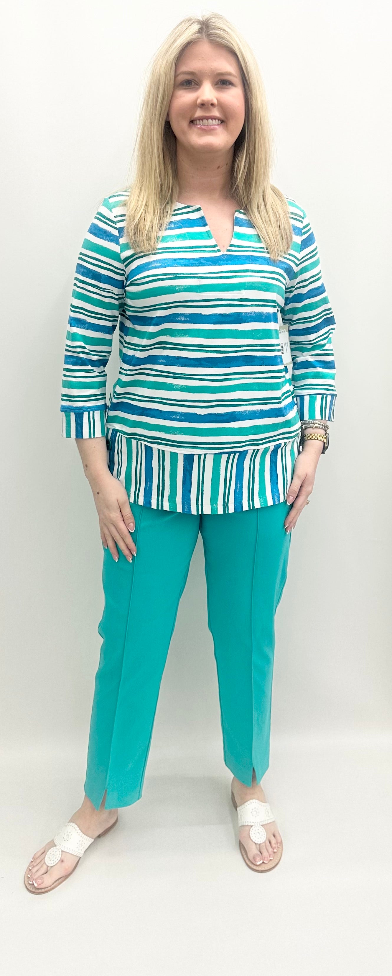 A'la Carte #L15426TM Turq Stripe Top