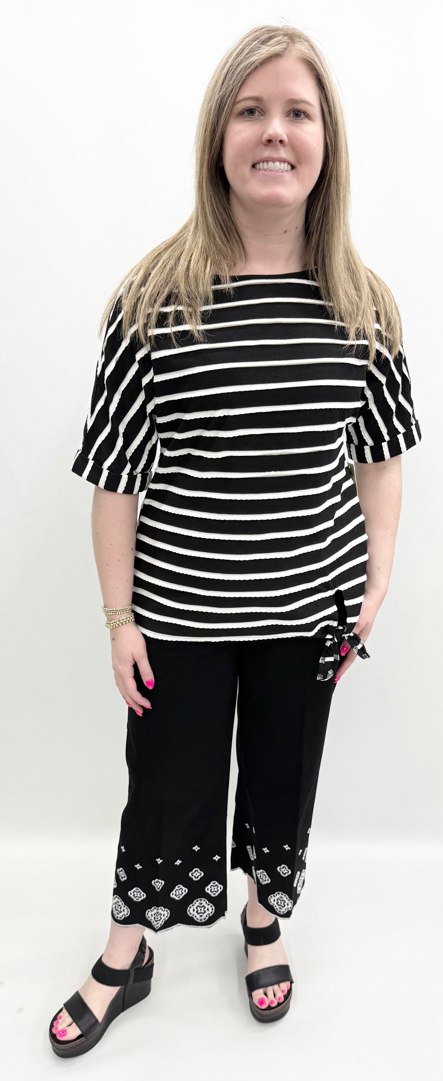 A'la Carte #L16209TM Black Stripe Side Tie Stripe Dolman Sleeve Knit Top