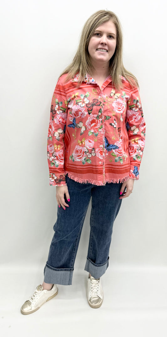 Ali Miles #A16224BM Button Front Tunic, Point Collar, Long Sleeve Clipped Edge Detail