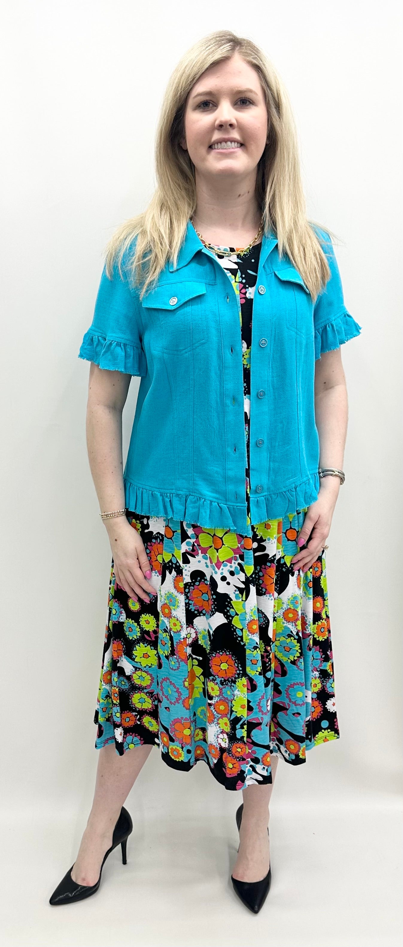 Multiples #M25705JM Bright Turquoise Jean Jacket