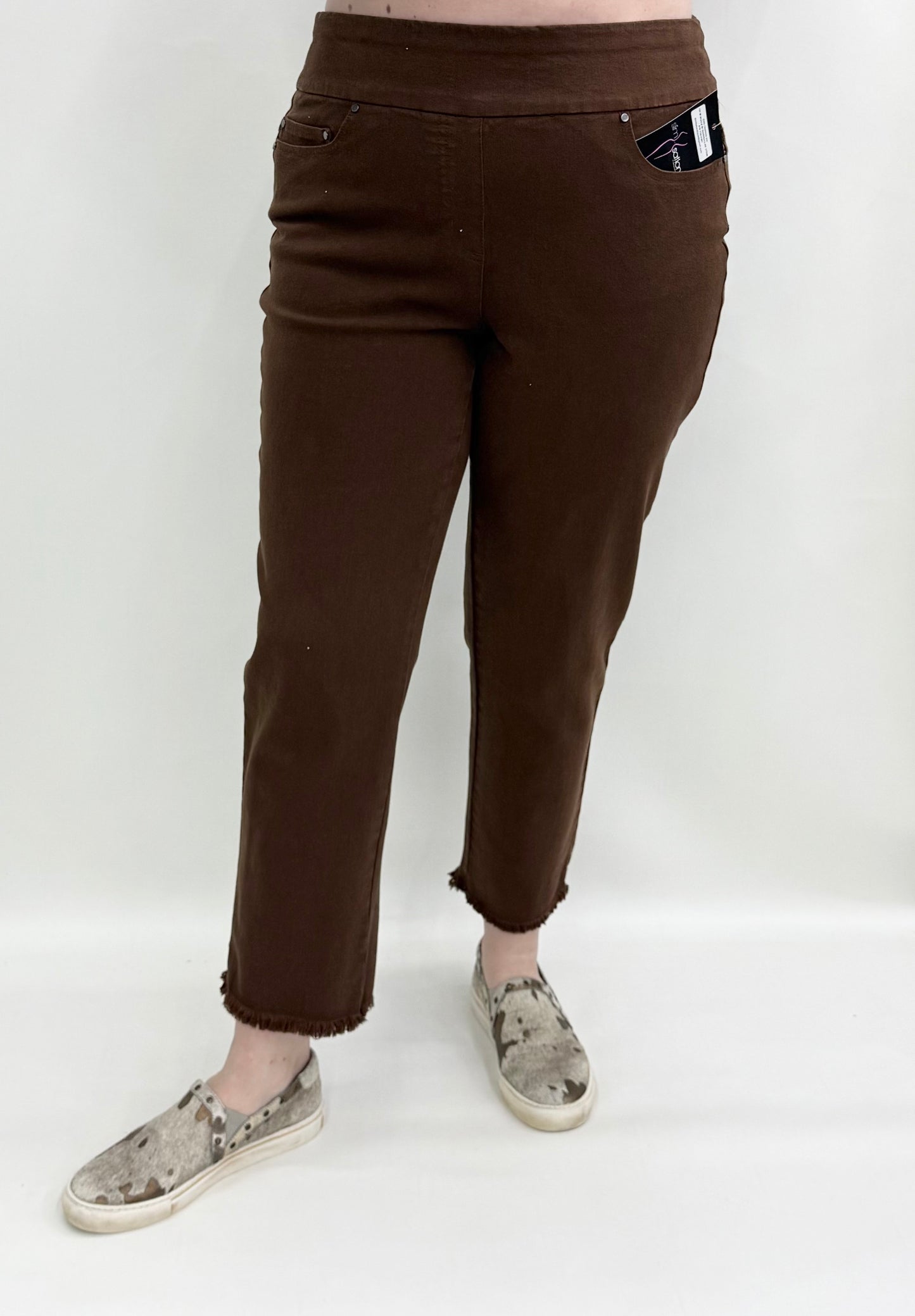 Slim Sation by Multiples #M35714PM Rich Chocolate 5 Pocket Fringe Ankle Jean