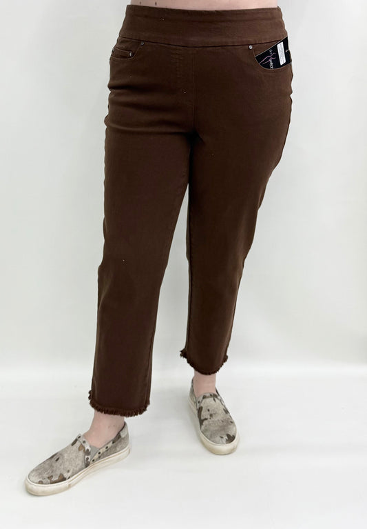 Slim Sation by Multiples #M35714PM Rich Chocolate 5 Pocket Fringe Ankle Jean