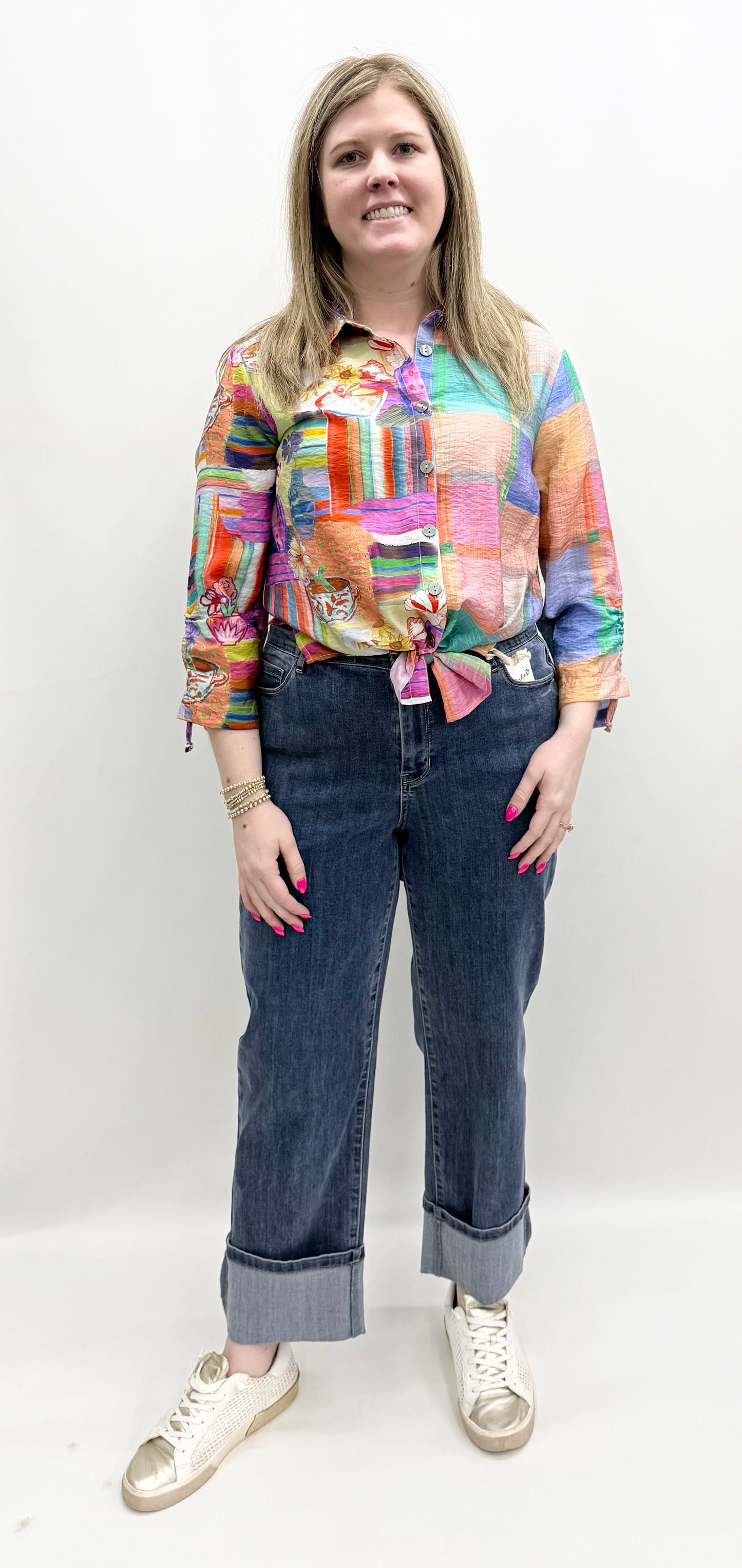 Ali Miles #A16218BM Square Multi Button Front Blouse, Point Collar, 3/4 Cinched Sleeves