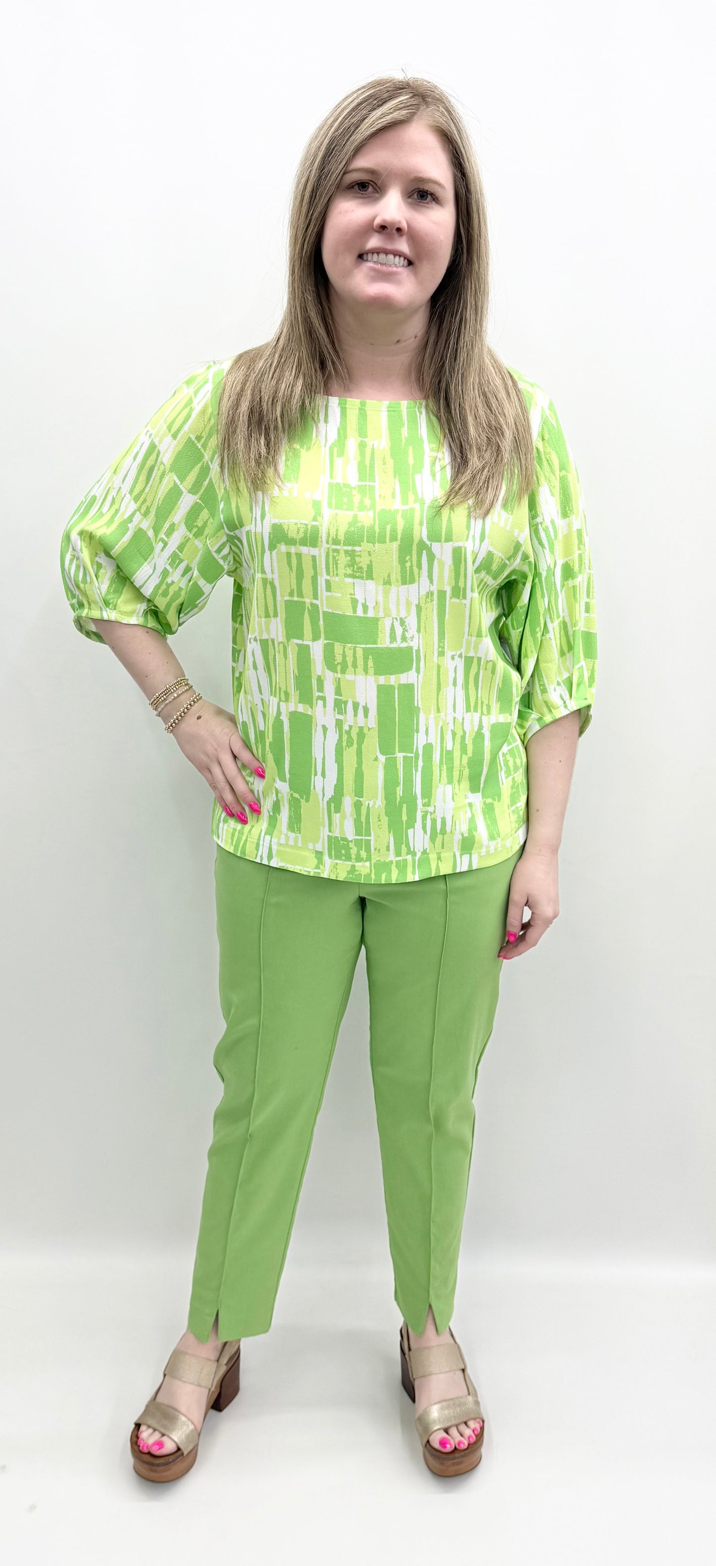 A'la Carte #L16215BM Pleated Sleeve Boatneck Print Top