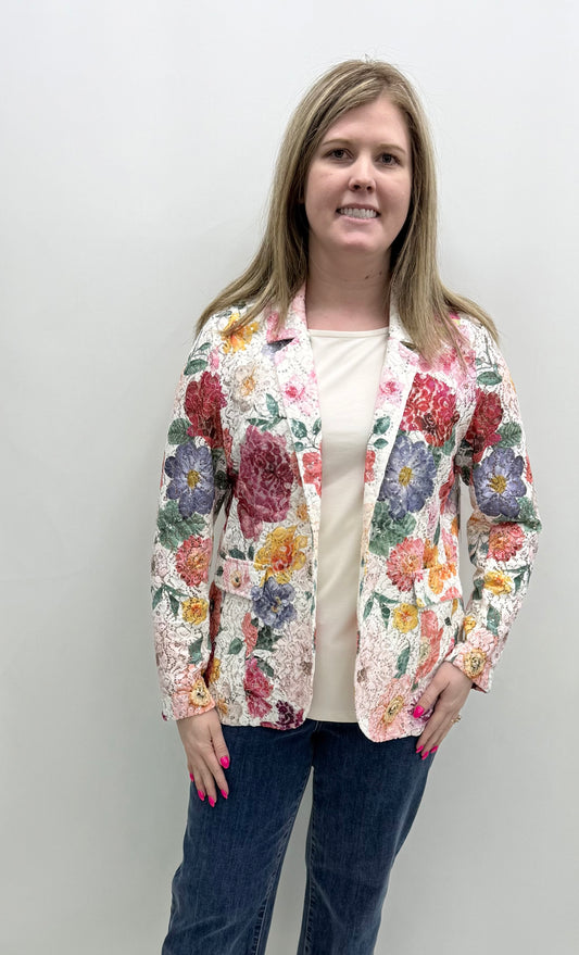 Ali Miles #A16219JM Abstract Flower Printed Lace Button Front Jacket, Sequin Jacket