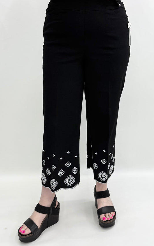 Thin Her #N16101PM Black Embroidered/Scallop Hem Wide Leg Crop Pant