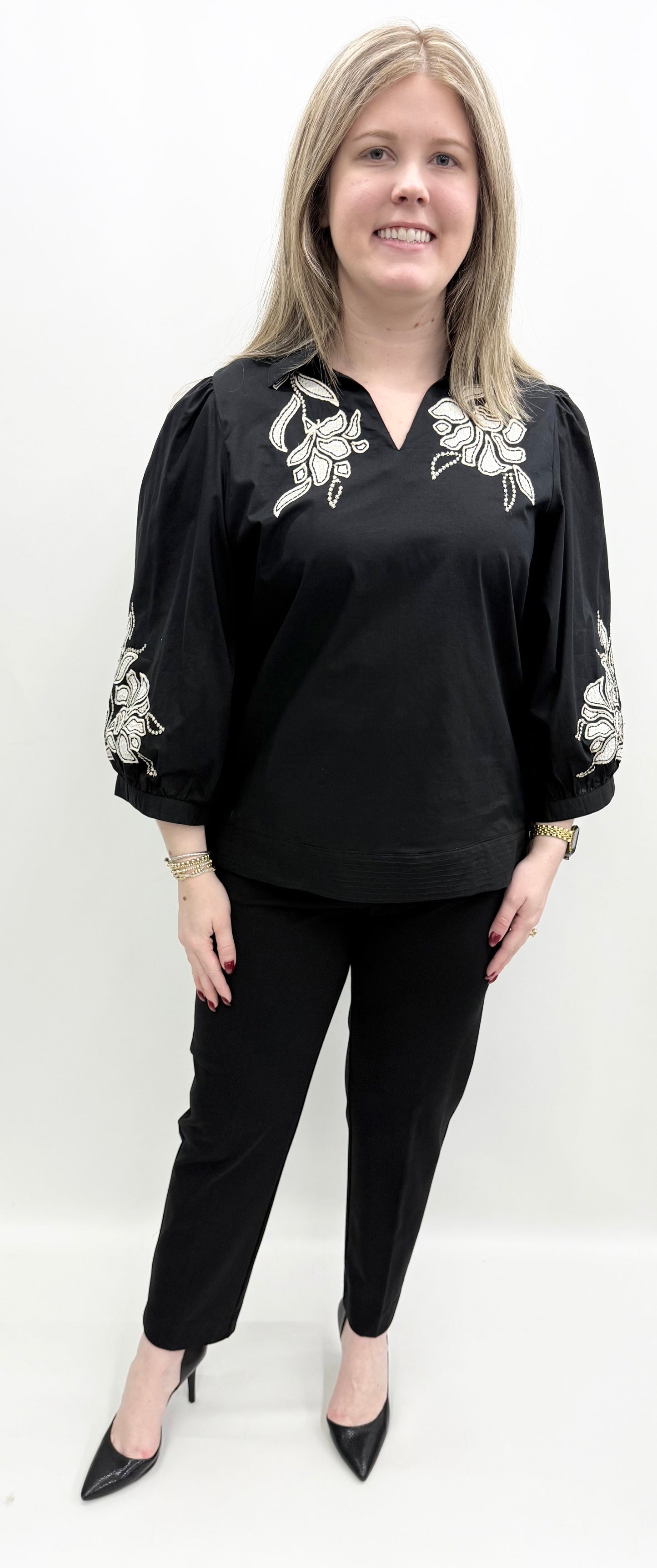 Tru-Luxe #T16476BM Black Collard V-Neck Embroider Popover Top
