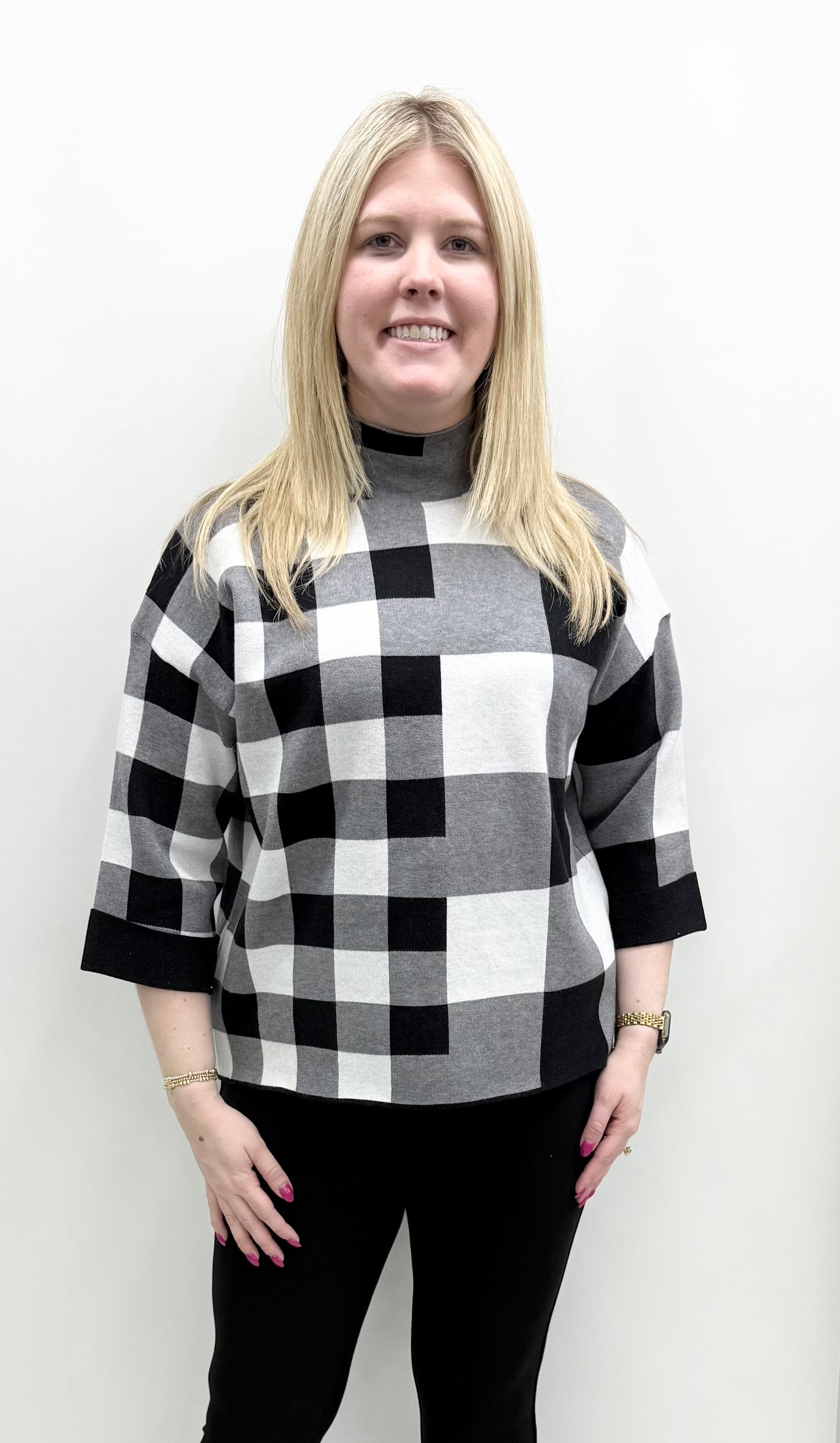 Ethyl #21BW Mock Neck Black/White Check Sweater