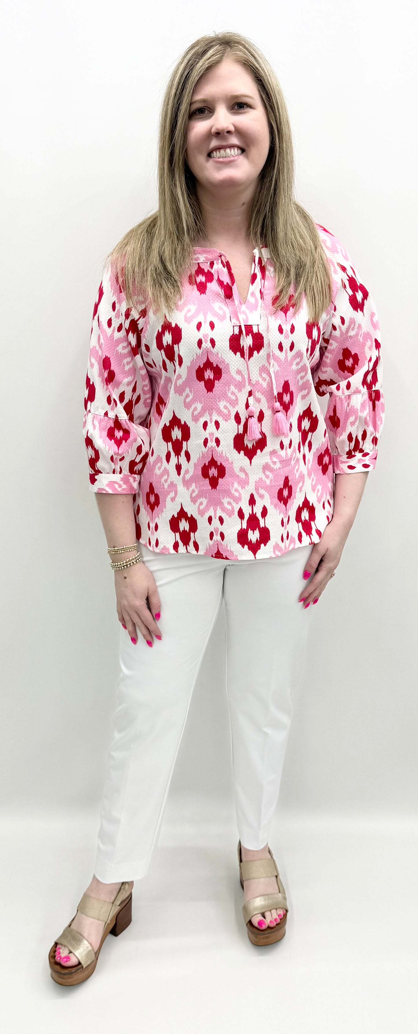 Ali Miles #A16214TM Popover, Split Neck with Tassels , 3/4 Sleeves