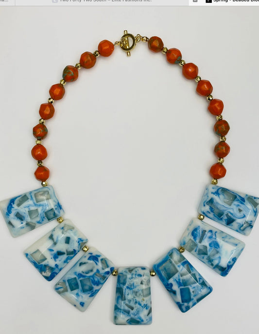 Spring - Beaded Block Collar (Orange/Ocean) NK251