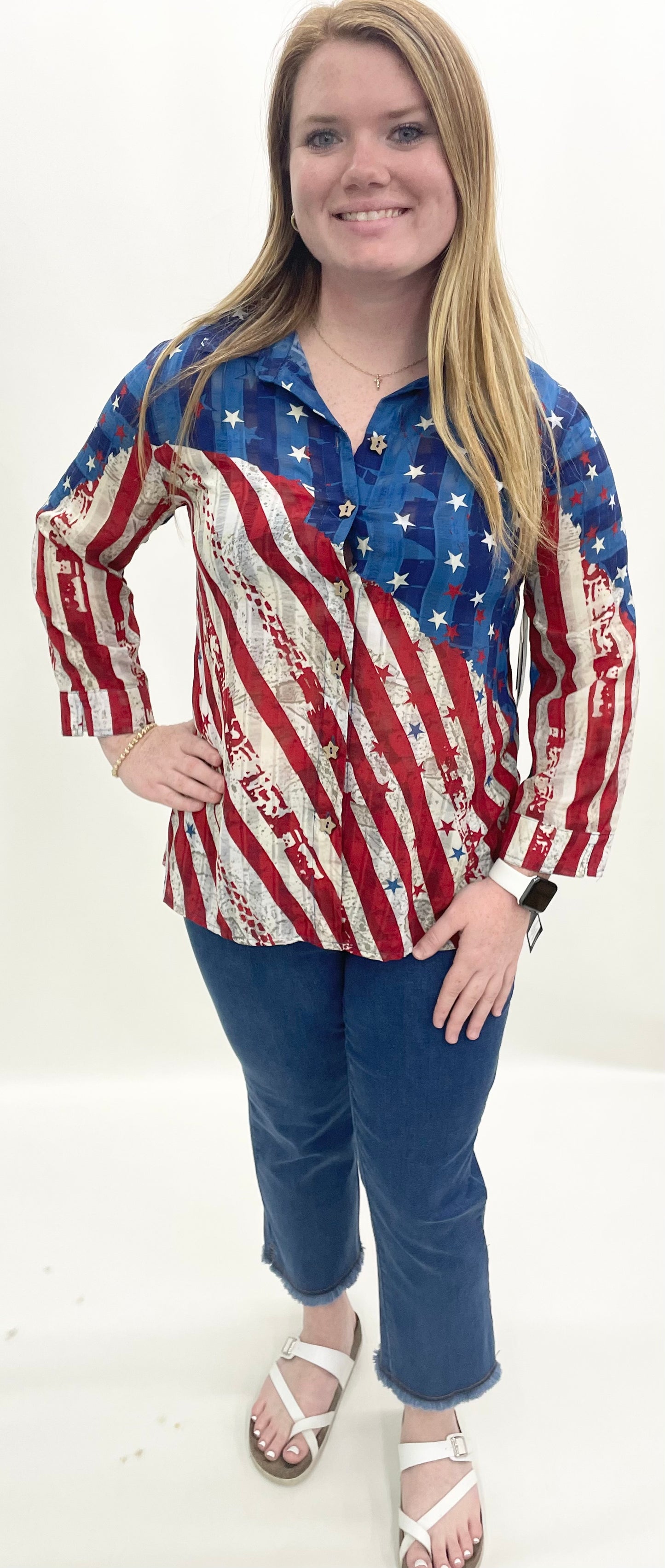 Multiples #M26305BM American Flag Shadow Woven Check Top
