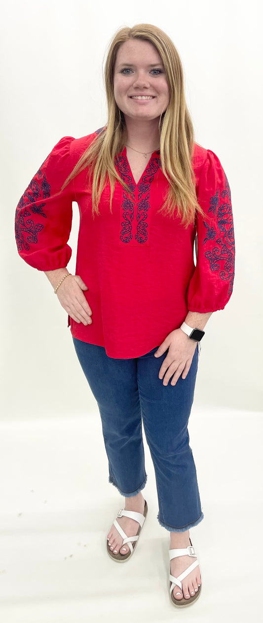 Multiples #M26304TM Fiery Red Contrast Embroidery Top