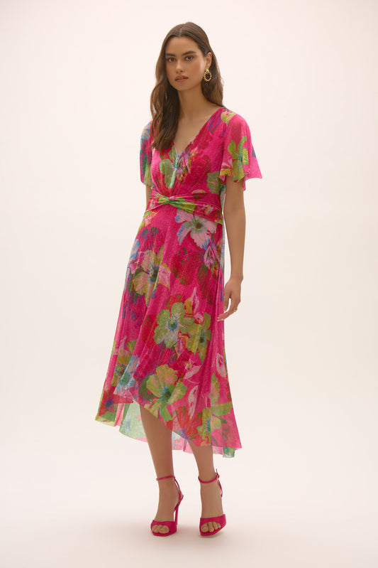 Jospeh Ribkoff #252707-3759 Signature | Crinkle and Mesh Floral Print Fit and Flare Dress