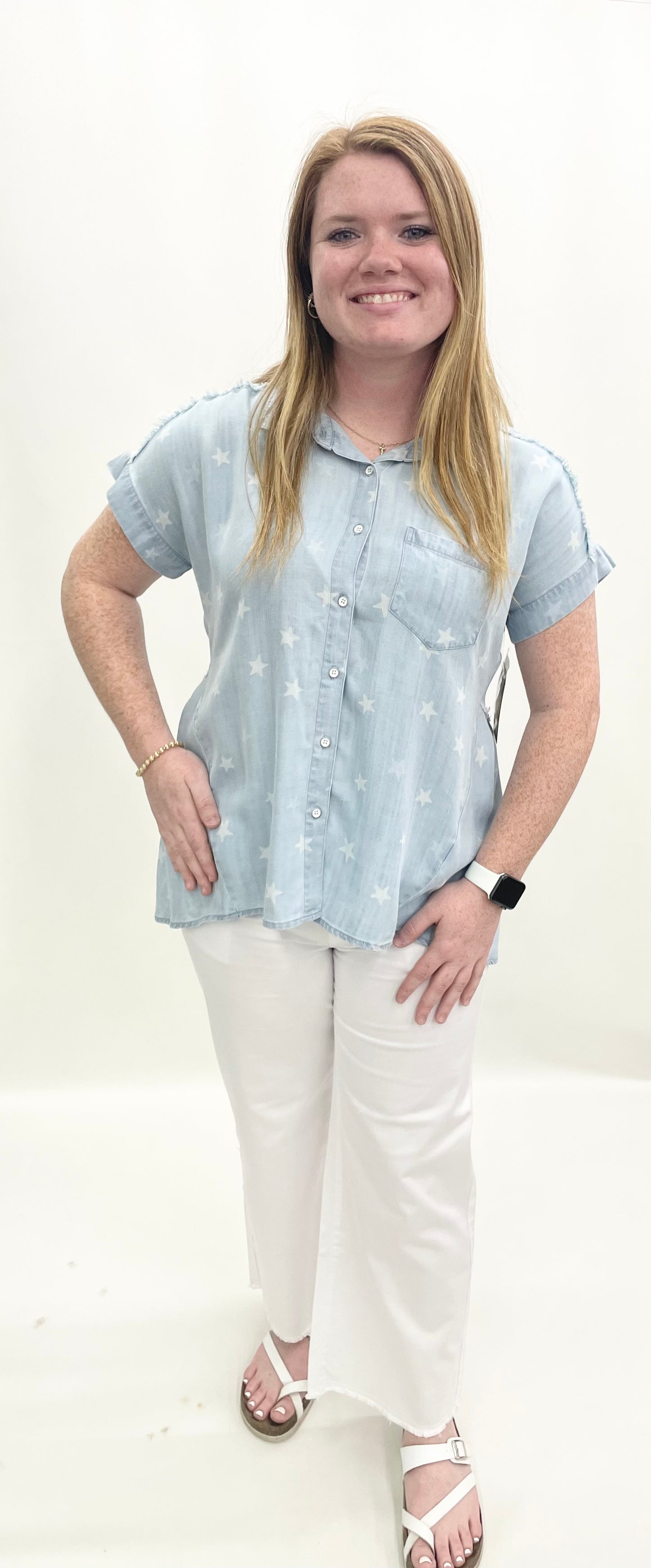Tru-Luxe #T26487BM Lt. Blue Frayed Top