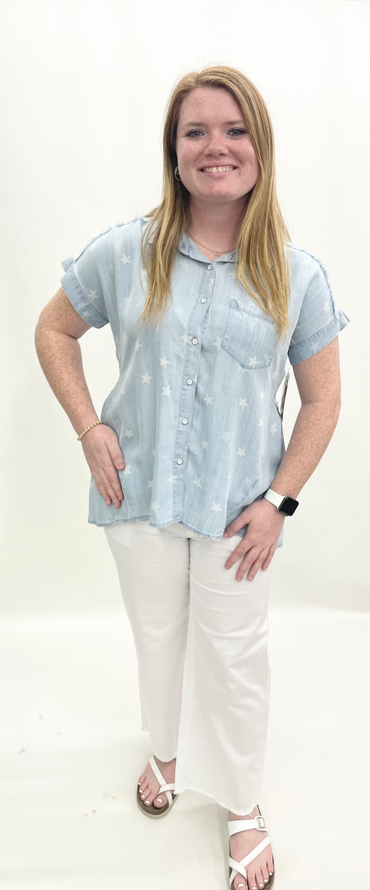 Tru-Luxe #T26487BM Lt. Blue Frayed Top