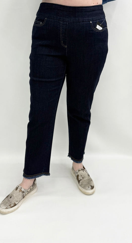 Slim Sation by Multiples #M35714PM Midnight Denim 5 Pocket Fringe Ankle Jean