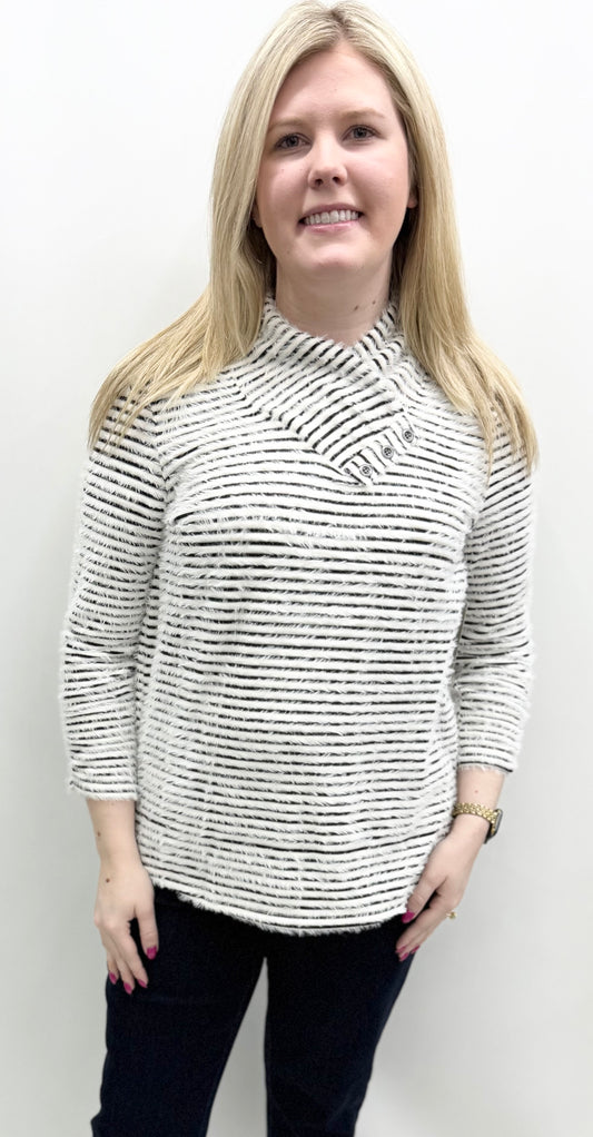 Multiples #M45107TM White Stripe Plush Rib Knit Top