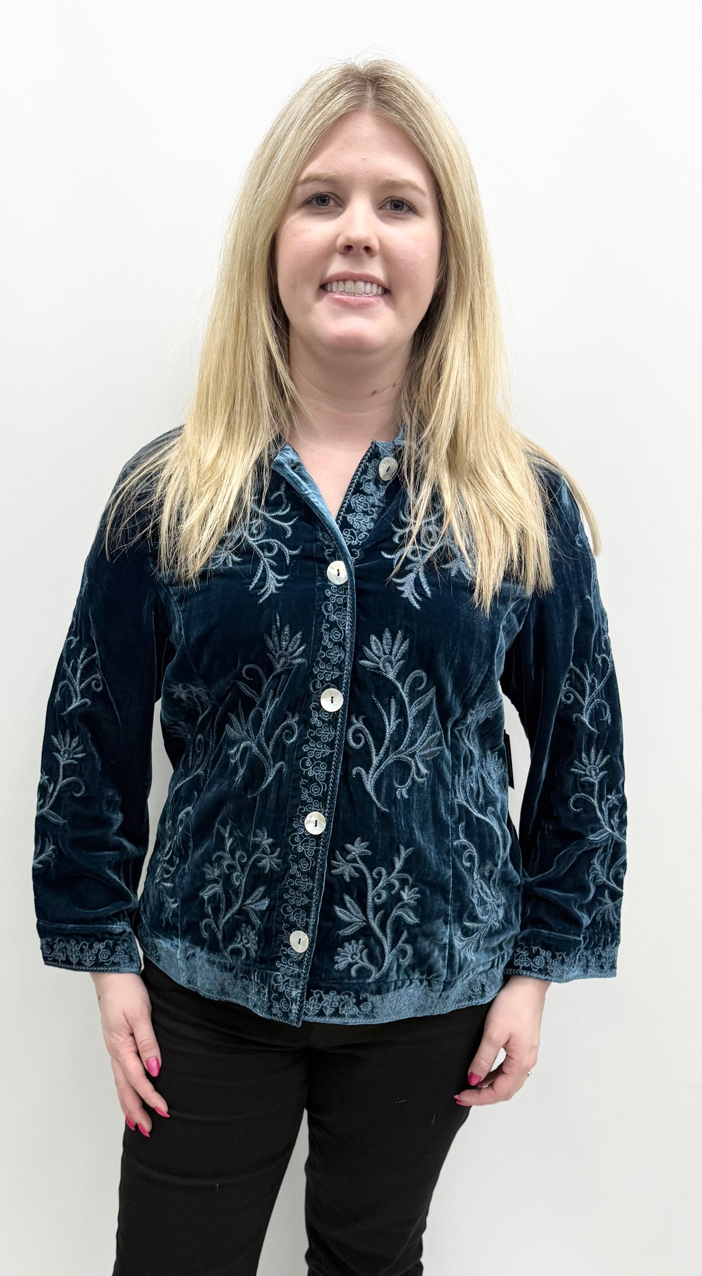John Mark #J45631BM Dark Teal Embroidered Velvet Top