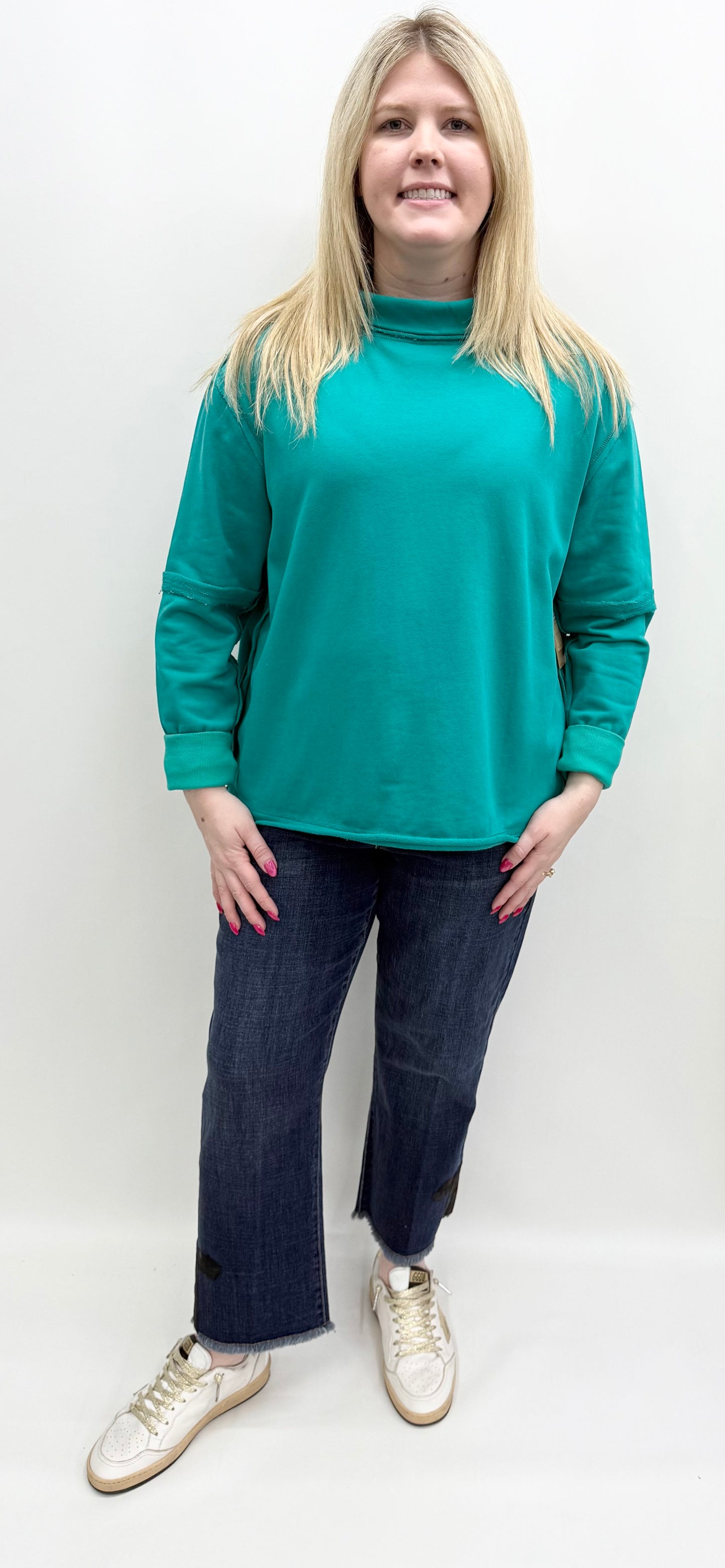 Tru-Luxe #T45350TM Green Mock Neck Knit Top with Exposed Seams