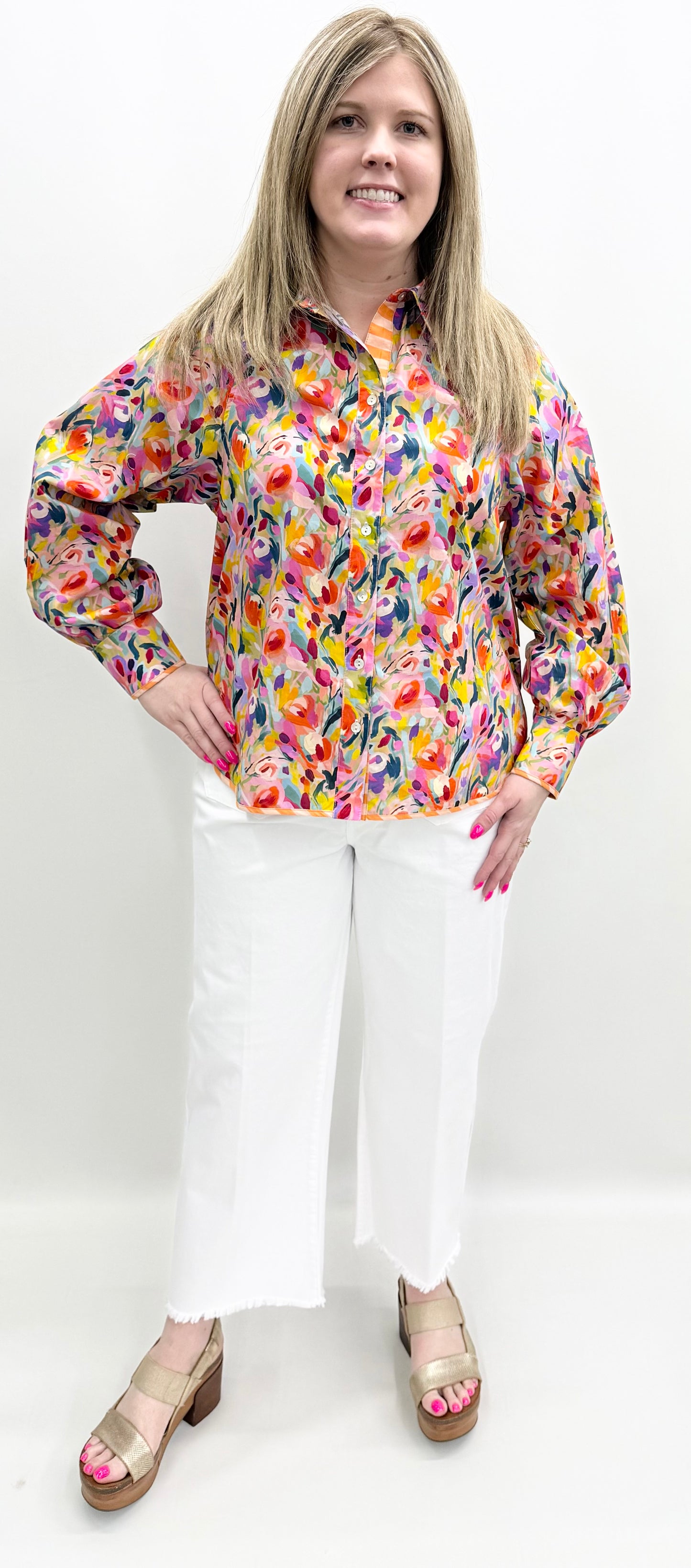 Tru-Luxe #T16485BM Print Ballon Sleeve With Stripe
