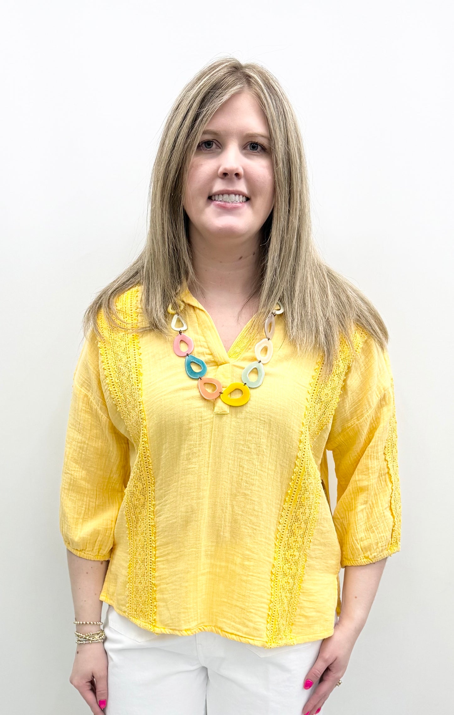 Tru-Luxe #T16471BM Yellow Lace Overlay Polo Collar Top