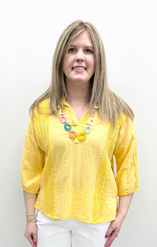 Tru-Luxe #T16471BM Yellow Lace Overlay Polo Collar Top