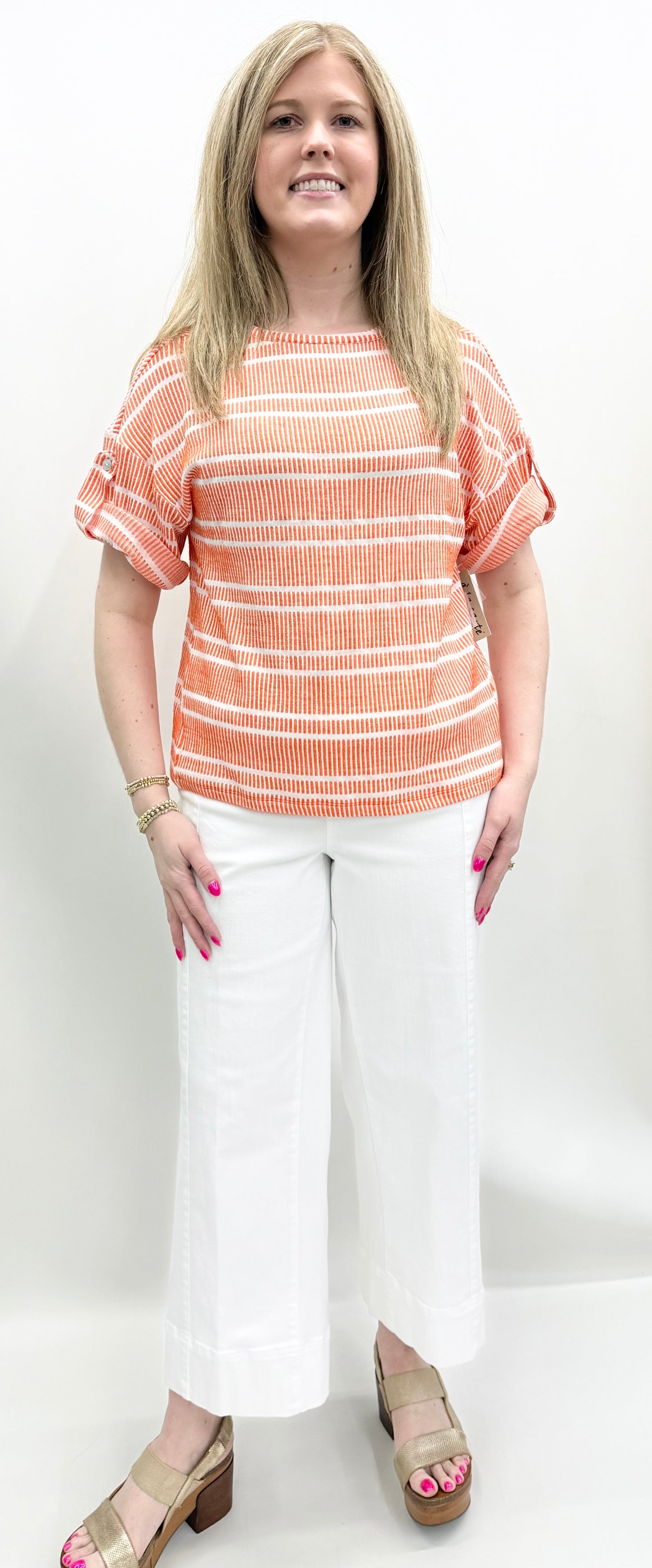 A'la Carte #L16421TM Orange Stripe Roll Sleeve Knit Top
