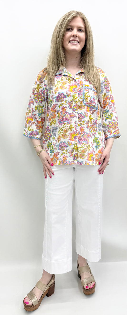 A'la Carte #L16424BM Crochet Trim Print Button Up Shirt
