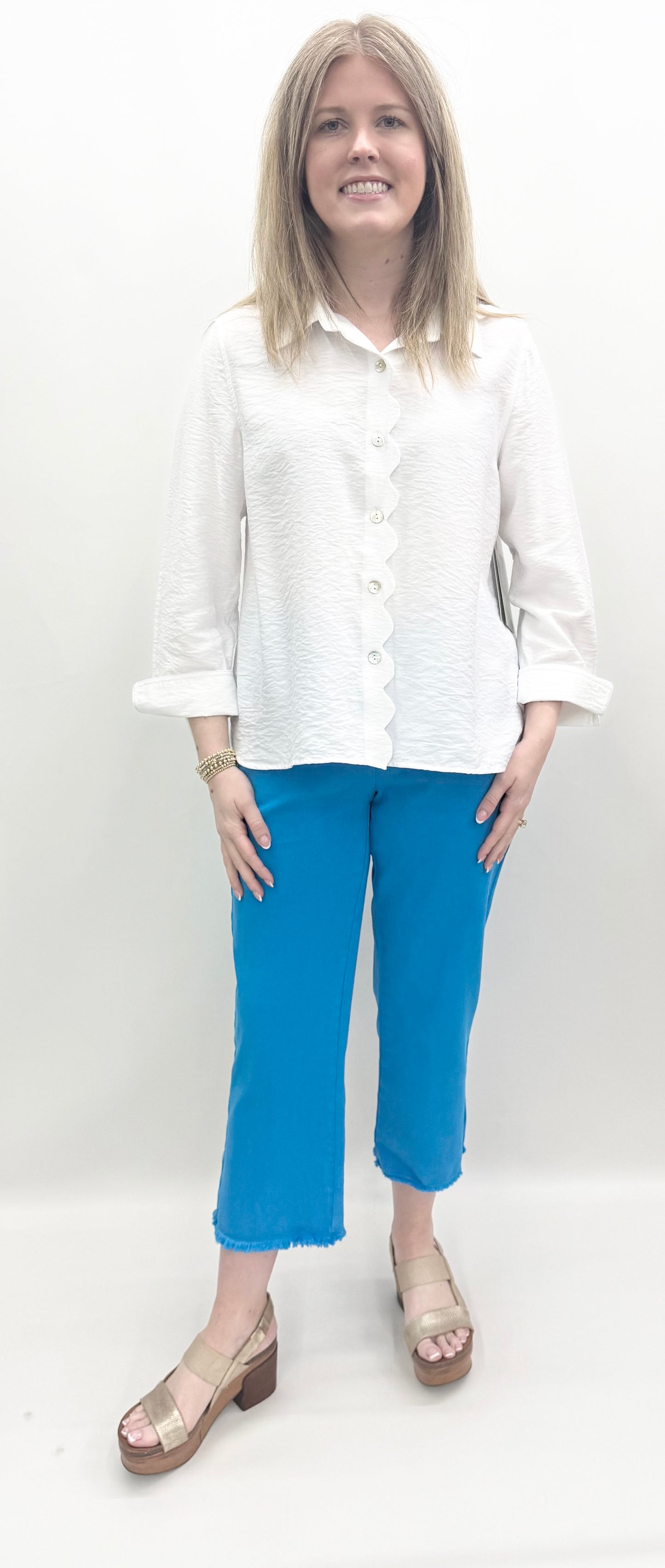 Multiples #M26211BM White Scalloped Button Blouse