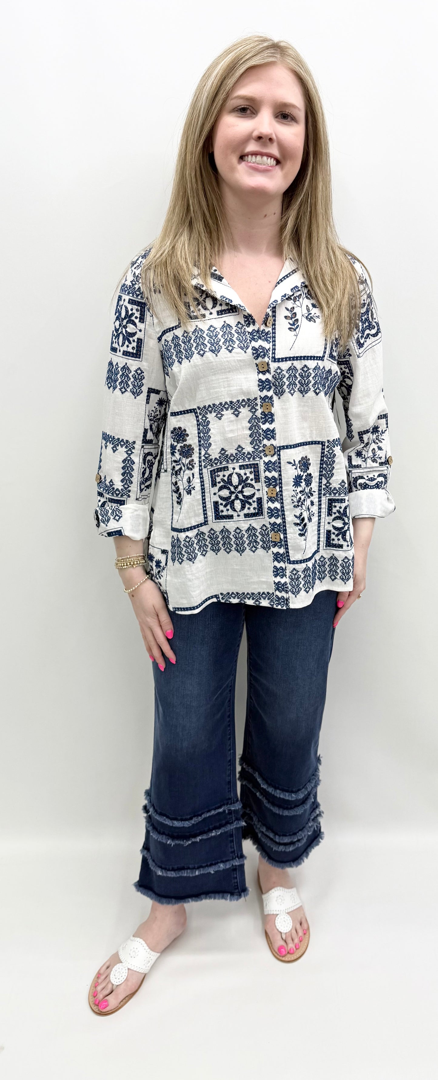 John Mark #J26546BM White/Blue Blouse