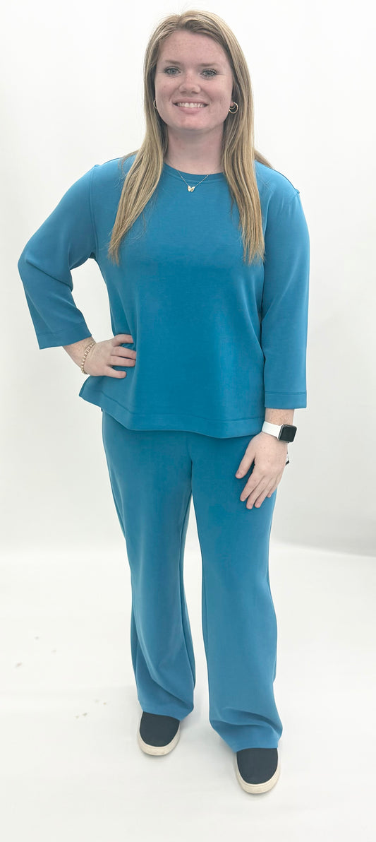 Multiples #M36718TM Peacock 3/4 Sleeve Drop Shoulder Hi-Lo Solid Knit Top