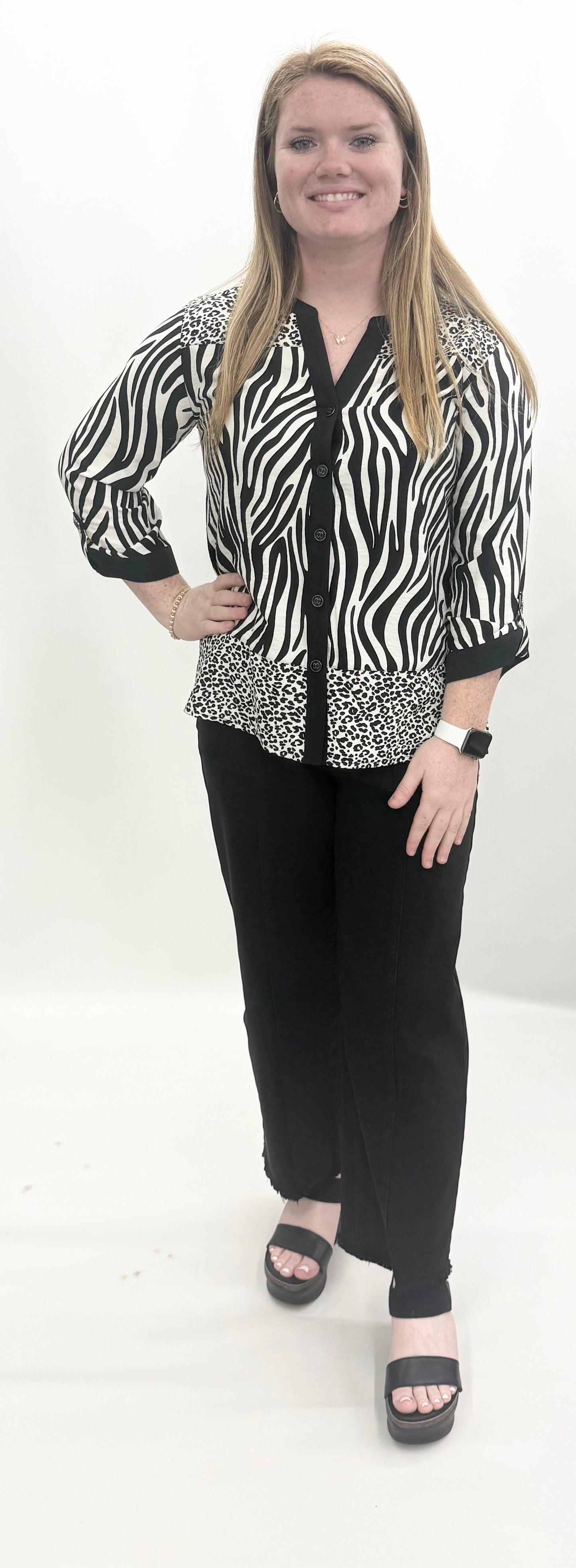 Multiples #M36603BM High Society Button Front Multi Print Top