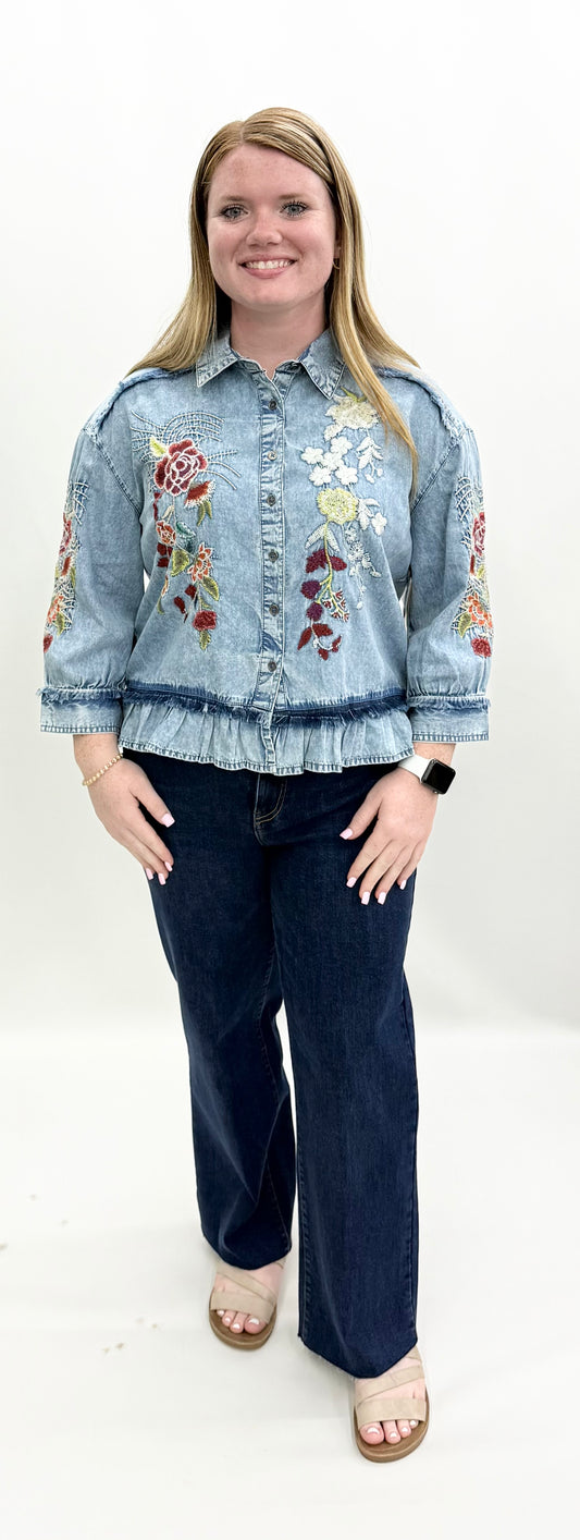 Tru-Luxe #T36226BM Button Up Embroidery Flounce Blouse