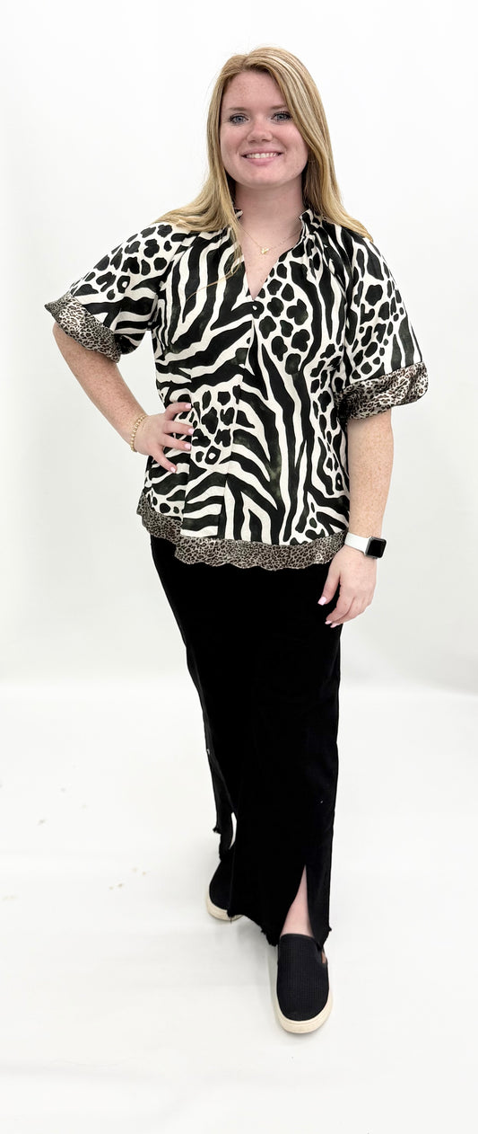 Umgee #C6763 Black & White Animal Print Top