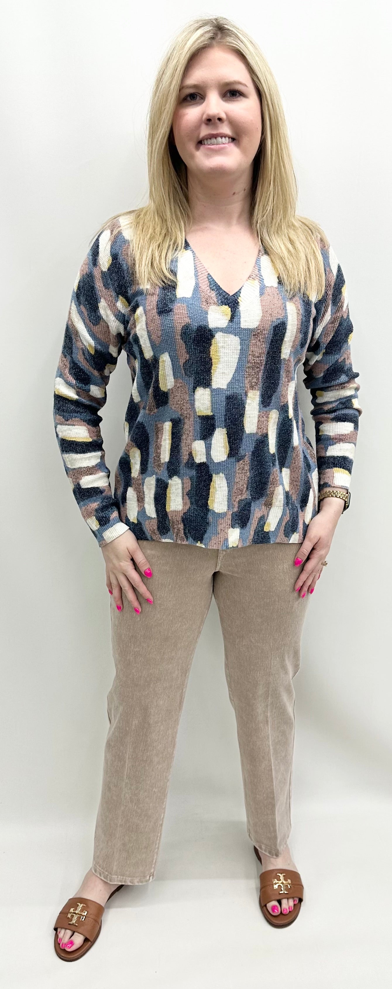 Nic & Zoe #F251110 Brushstrokes Waffle V-Neck Sweater