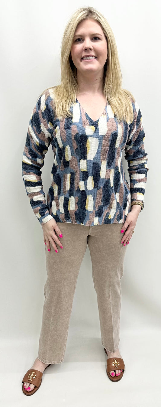Nic & Zoe #F251110 Brushstrokes Waffle V-Neck Sweater