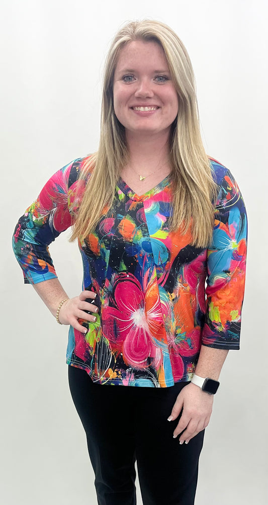 Ethyl #2471AU1 V-Neck Multi Color Top