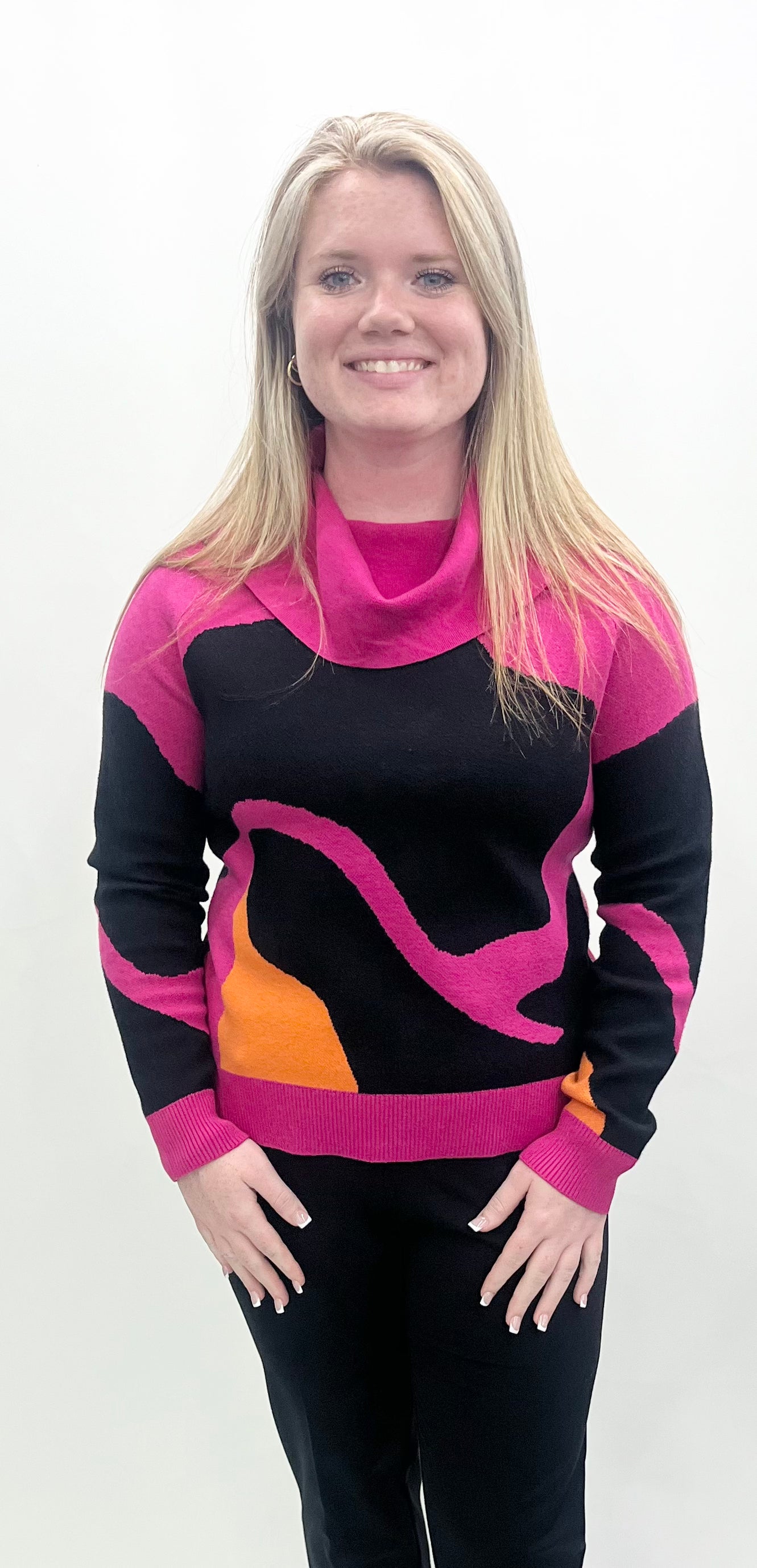 Alison Sheri #A48239 Pink/Black Cow Neck Sweater