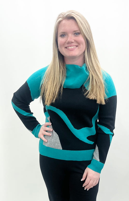 Alison Sheri #A48361 Turquoise/Black Cow Neck Sweater
