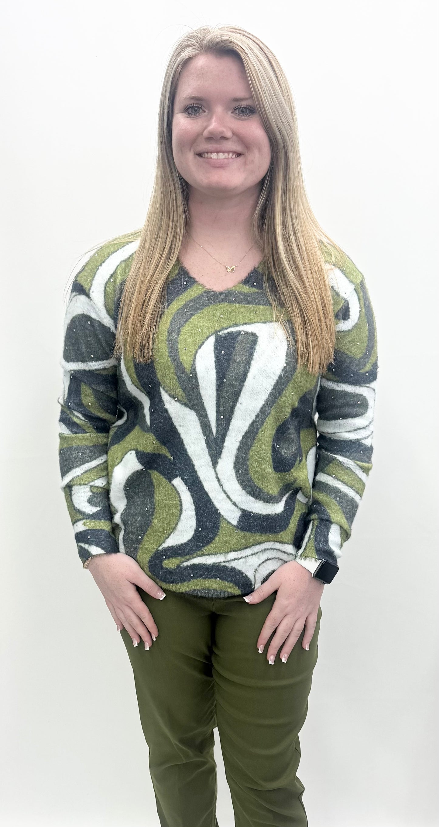 Ethyl #23105LR8 Fuzzy Green Print Pullover Sweater