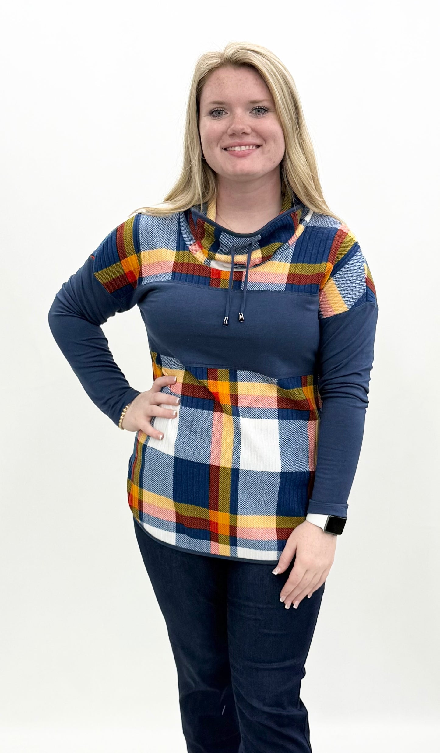 Pure Essence #285-4503 Blue Plaid Pullover Top