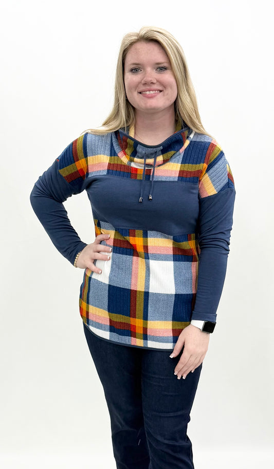 Pure Essence #285-4503 Blue Plaid Pullover Top