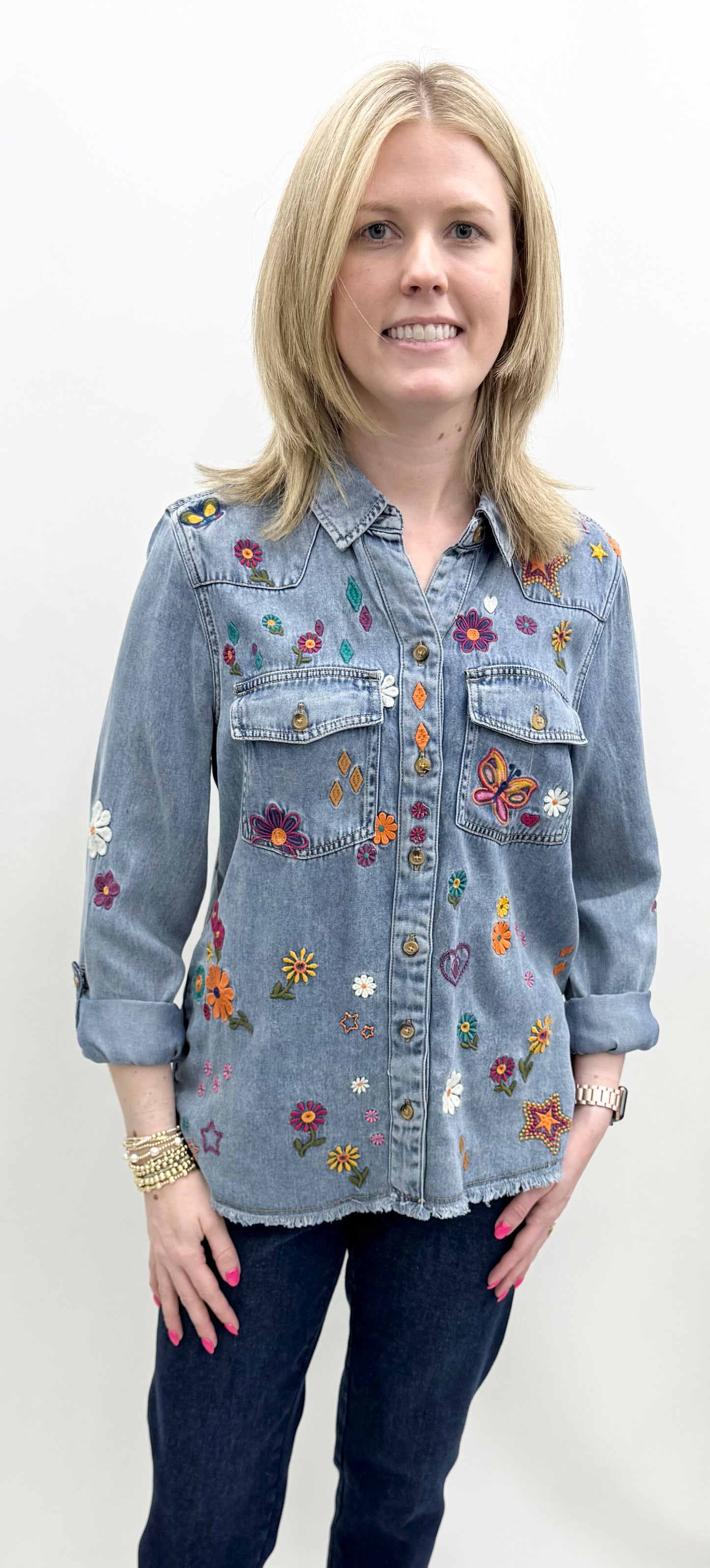 John Mark #J36849BM Medium Denim Button Up Blouse