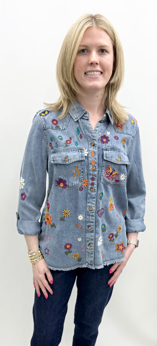 John Mark #J36849BM Medium Denim Button Up Blouse