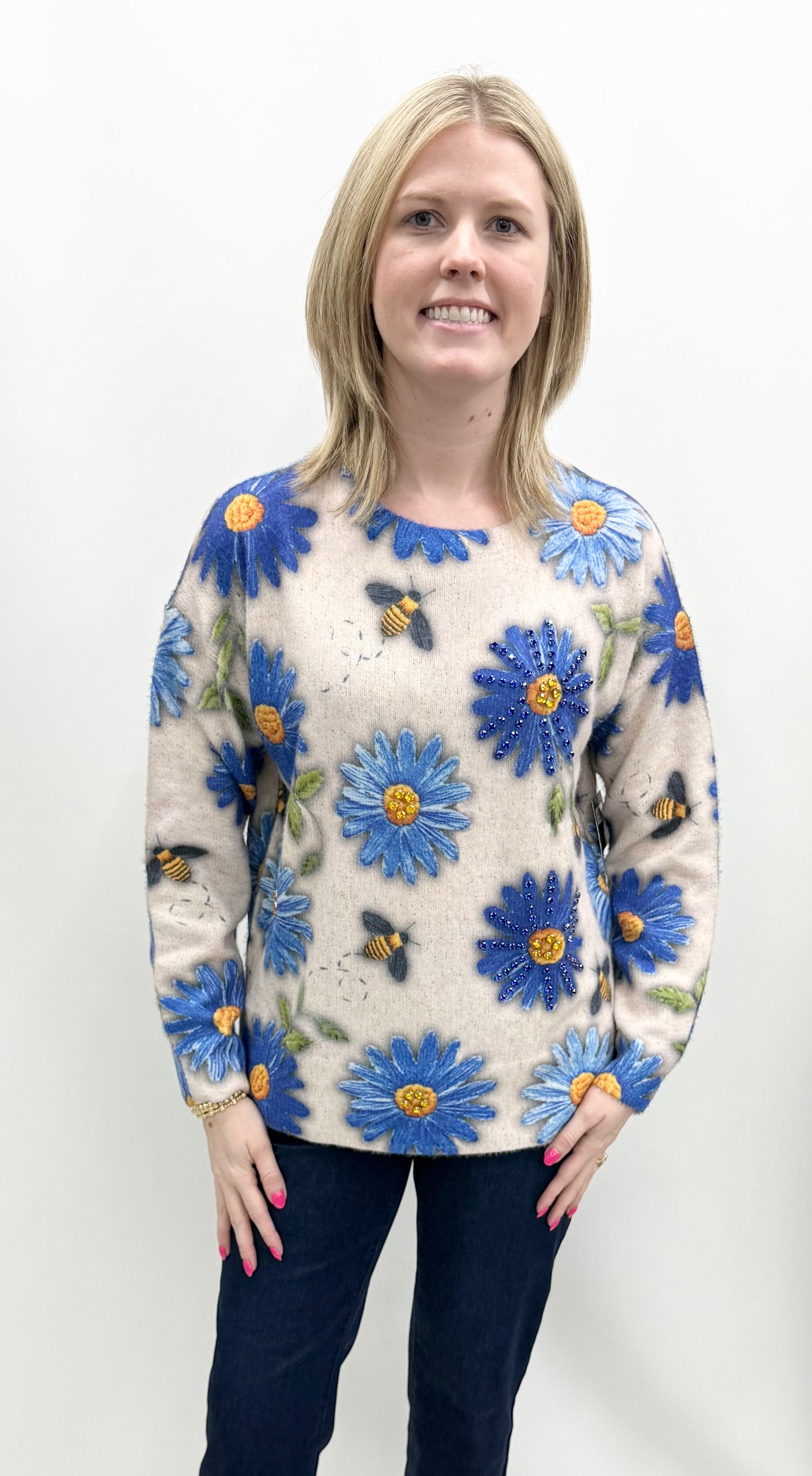 John Mark #J36432KM Blue Floral Embellished Sweater