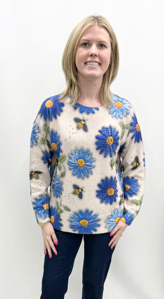 John Mark #J36432KM Blue Floral Embellished Sweater
