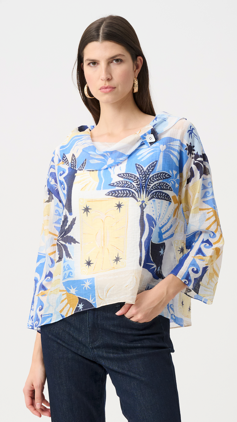 Joseph Ribkoff #262151-2539 Sheer Woven Tropical Print Boxy Top With Cowl Neck